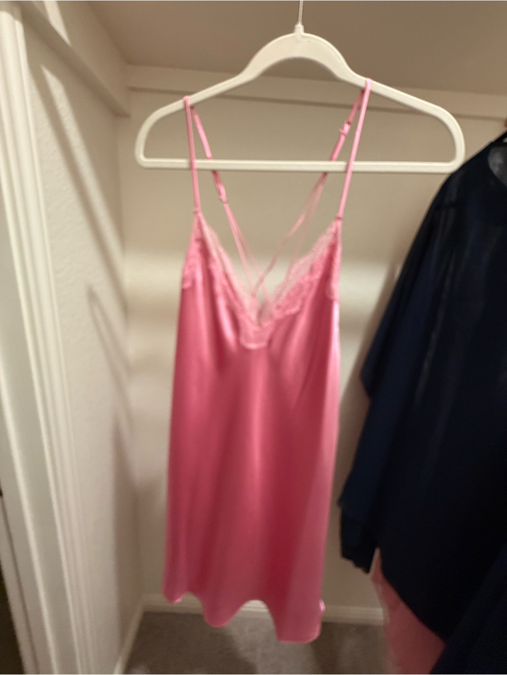 Unworn Pink Satin Lace-Trim Slip Dress